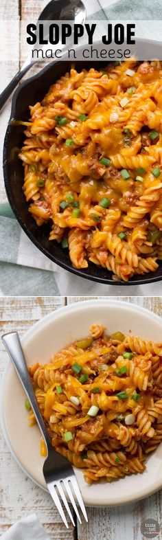 two pictures showing different types of pasta in a skillet and on the same plate