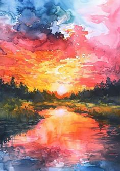 a painting of a sunset over a lake with trees in the distance and water reflecting it's colors