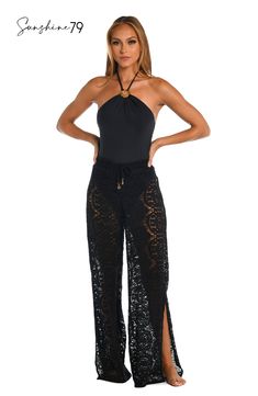 With a breezy boho vibe, these sophisticated palazzo pants from Sunshine 79 offer the crocheted look you've been searching for. Pull on over your favorite swimsuit for a chic cover-up or pair with a cami for an elevated look that's completely effortless. A waist tie finished with gold logo cord ends offers an adjustable fit. [split] Details Beach pants Adjustable waist tie Gold logo cord ends Wide, palazzo-style legs Fabric 100% Cotton Black Crochet Pants, Crochet Beach Pants, Palazzo Style, Swimsuit Material, Crochet Pants, Beach Pants, Cord Ends, Sun Tan, Gold Logo