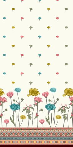 an image of flowers on a white wallpaper with red border and blue, green, yellow and pink flowers