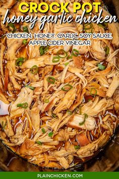 crock pot honey garlic chicken recipe in a skillet with the title above it