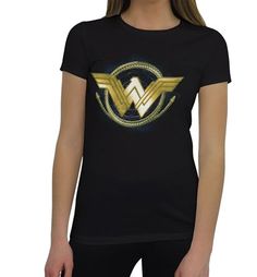 This black Wonder Woman t-shirt, available in fitted and standard sizes, features the Wonder Woman movie symbol surrounded by Diana's coiling Golden Lasso. Black Short Sleeve T-shirt With Logo Emblem, Black Logo Emblem T-shirt, Black Wonder Woman, Hephaestus God, Lasso Of Truth, Wonder Woman Shirt, Lost Memories, Movie Logo, Wonder Woman Movie