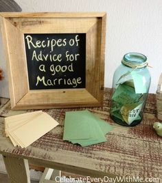 there is a sign that says recipes of advice for a good marriage on the table