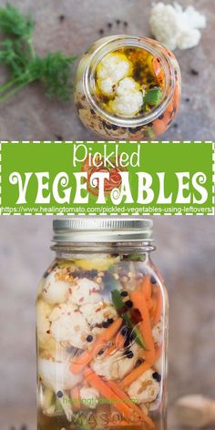 pickled vegetables in a mason jar with text overlay