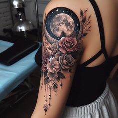 a woman with a full moon and flowers on her arm is shown in front of the camera