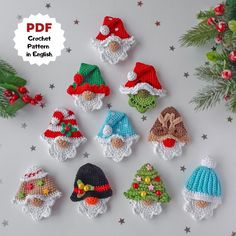 the crochet pattern is in english and includes christmas gnomes, santa hats, and snowmen