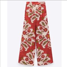 Absolutely Gorgeous And Stylish Wide Leg Pants. Floral Print Pants Chic Printed Cotton Pants, Chic Printed Cotton Bottoms, Ankle-length Printed White Pants, White High-waisted Pants With Floral Print, Chic Red Floral Print Bottoms, Red Printed Bottoms For Spring, Red Printed Wide Leg Bottoms, Red Wide Leg Pants For Summer, Zara Floral Print Cotton Bottoms