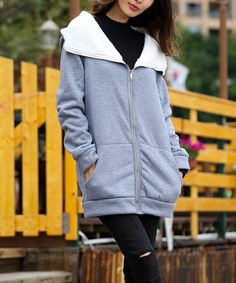 $19.99 Z Avenue USA Light Gray Sherpa-Lined Hooded Zip Jacket - Plus Too | zulily Comfy Fashion, Sherpa Lined, Knit Jacket, Zip Jacket, Light Gray, Cold Weather, Light Grey, The North Face, Take A