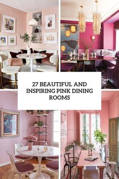 pink dining room with chairs, tables and pictures on the wall in different colors that match