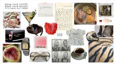 a collage of photos with various items and words on them, including glasses, coffee mugs, books, pictures, etc