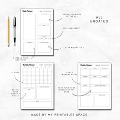 the printable planner is shown with notes and pencils on it, along with instructions for