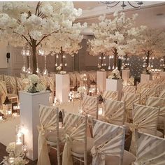 rows of chairs with bows tied around them and candles lit in front of them at an event