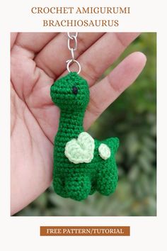 crochet amigurmi dinosaur keychain in green and white