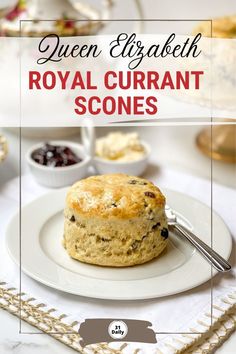 a close up of a plate of food on a table with the words queen elizabeth royal curran scones