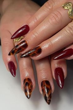 Dark red and cheeta long fall nails #nails #nailart #nailsofinstagram #naildesign #fallnails #fallnailart Maroon Nail Inspiration, Nail Designs Tortoise Shell, French Fancy Nails, French Tip And Full Nail, Red Nails With Tortoise Shell, Maroon Leopard Nails, Tortoiseshell Nail Art, Tortoise And Burgundy Nails, Tortie Shell Nails