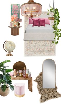 a collage of various items including a bed, mirror and plant