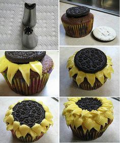 there are four pictures of cupcakes with frosting and sunflower decorations on them