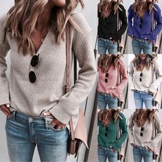 Autumn/winter Sweater Women's Fashion V-neck Knitted Top Cross-border Women's Wear Cropped Sweater Pullover Solid Color Sweater, Knitted Tops, Knitted Top, Loose Sweater, Sweater Women, Lady V, Fall Sweaters, Winter Sweaters, Girls Long Sleeve