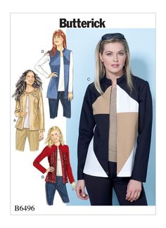 a women's jacket, top and pants sewing pattern from butterick with two different styles