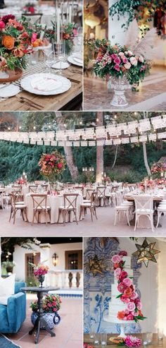 a collage of photos showing different tables and chairs with flowers on the top, bottom left