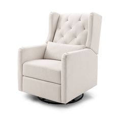 an upholstered white chair with buttons on the back and armrests, in front of a white background