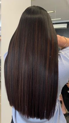 Hair Colour Ideas For Long Black Hair, Brown Hair Colors For Straight Hair, Highlights For Straight Hair Brown, Best Highlights For Black Hair Straight, Straight Coloured Hair, Hair Colour For Long Hair Highlights, Black To Brown Balayage Straight, Black Hair With Subtle Highlights Straight, Highlighted Brown Hair Straight