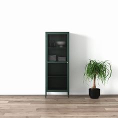 a green bookcase next to a potted plant on a hard wood floor in front of a white wall