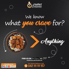 Eating is a necessity, but BBQ is an art!

Download our application Gourmet Foods now and enjoy your favorite meal at your doorstep.

Call us now for home delivery:
042-111 111 157

#GourmetRestaurants #breakfast #nashta #HomeDelivery #FastFood #Continental #Foodie #DesiFood Food Typography, Digital Marketing Quotes, Food Captions, Wedding Entrance Decor, Furniture Ads, Flyer And Poster Design, Social Media Design Inspiration, Entrance Decor