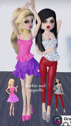 two barbie dolls standing next to each other