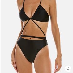 Brand New With Tags Attached Black Triangle Top Swimwear With Cutout, Black Cutout Triangle Top Swimwear, Chic Black Strappy Swimwear, Black Strappy Swimwear For Spring, Spring Black Strappy Swimwear, Black Strappy Swimwear For Party, Black Strappy Party Swimwear, Spring Black Cutout Swimwear, Fringe Bathing Suit