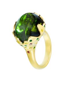 deep-green Tourmaline "flame" ring with multi colored Sapphires in 18kt yellow gold Luxury Oval Green Dome Ring, Unique Green Artistic Jewelry, Elegant Lime Green Gemstone Rings, Luxury Yellow Gold Tourmaline Emerald Ring, Luxury Green Tourmaline Emerald Ring, Lime Green Gemstone Ring, Modern Green Tourmaline Jewelry, Lime Green Gemstone Ring Jewelry, Green Tourmaline Multi-stone Emerald Ring