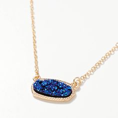 Short necklace with oval shaped druzy stone charm. Apprx. 16" Material: Zinc, Brass Gold plated, Druzy Stones Lead Compliant, Nickle Free Necklace Kendra Scott, Druzy Necklace, Druzy Earrings, Round Stud Earrings, Brass Gold, Oval Stone, Blue Necklace