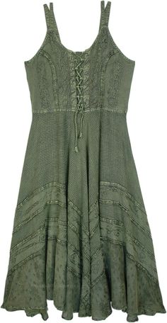 A very intricate and detailed medieval-style rayon dress that is sure to make you stand out from the crowd with its classic style! The dress has beautiful detailing on the front, which resembles a corset, and the uneven hemline looks very flattering on all shapes and sizes.  The strappy style keeps cool and the smocking on the back gives a bit of flexibility of size. #tlb #Sleeveless #Stonewash #Embroidered #Lace #vacationclothing #bohemianfashion #VintageDress #westerndress #renaissancedress #m Witchy Green Dress, Fitted Medieval Summer Dress, Fitted Medieval Style Summer Dress, Fitted Medieval Dress For Summer, Gothic Summer Corset Dress With Lace Trim, Gothic Sleeveless Corset Dress For Summer, Gothic Sleeveless Dress With Lace-up Back, Fitted Bohemian Dress With Lace-up Back, Bohemian Fitted Dress With Lace-up Back