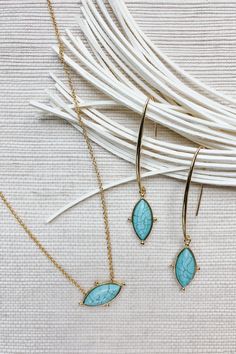 Ships Free + Happiness Guarantee The Lauren Necklace was inspired by a hand-made design Ashley created for her sister over a decade ago. The beloved "Lauren" features a brilliant turquoise stone with unique and delicate gold details. This style is perfect for layering and can be worn from morning to night and everything in between. 18K gold-dipped finish size: 15" to 17" adjustable length turquoise stone perfect for layering Golden Sun, Earrings Turquoise, Necklace Turquoise, Turquoise Stones, Gold Dipped, To Night, Designer Wear, Gold Details, Turquoise Stone