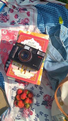 a camera sitting on top of a book next to strawberries and blue jean pants