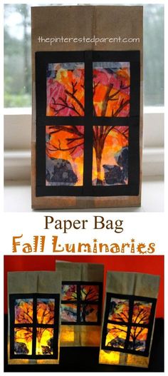 paper bag fall luminants with an image of a tree in the window