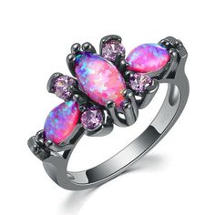 Opal Accessories, Pink And Black Wedding, Black Skull Ring, Opal Statement Ring, Goth Ring, Pink Fire, Purple Ring, Dark Jewelry, Ring Purple