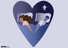 an illustration of two people sleeping in bed with a star on the sky above them