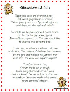 a gingerbread man poem with red polka dots on the bottom and an image of a teddy