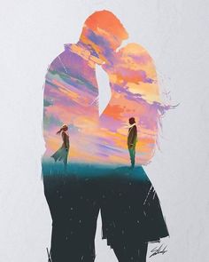 two people standing next to each other in front of a colorful sky