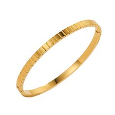 This timeless bangle is adorned with a beautiful, detailed rim that adds just the right amount of playful flair to your look. A sophisticated adornment ideal for any gathering. 18K Gold Stainless Steel Oval Shaped: Approx. 2.5" wide 100% Eco-Friendly; No Nickel, Chromium and Lead Water-resistant, sweat-proof, hypoallergenic and tarnish-free. You can work out in our durable jewelry, wear it to the beach, pool or even shower with it. Modern Gold Plated Bangle For Formal Occasions, Timeless Gold Plated Bangle For Formal Occasions, Elegant Stackable Gold Plated Cuff Bracelet, Gold Hoop Cuff Bracelet For Formal Occasions, Gold Hoop Cuff Bracelet For Formal Events, Elegant Gold Plated Hoop Bracelets, Formal Gold Bangle Bracelet, Formal Yellow Gold Hoop Cuff Bracelet, Luxury Stackable Bangle For Formal Occasions