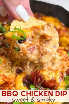 a person dipping some food into a skillet with the words bbq chicken dip on it