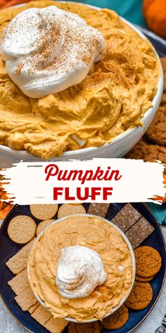 pumpkin fluff dip in a bowl with cookies and crackers