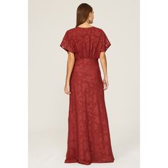 Red floral satin (100% Polyester). A-line. Short sleeves. V-neck. Side zipper closure. See size and fit notes for length measurements. . Imported. Burgundy Satin V-neck Dress, Red V-neck Dress With Surplice Neckline For Evening, Red V-neck Dress For Wedding Guest, Red V-neck Maxi Dress For Bridesmaid, Lined Satin V-neck Maxi Dress, Red Satin A-line Maxi Dress, V-neck Floral Maxi Dress For Wedding Guest, Floral Print V-neck Maxi Dress For Bridesmaids, V-neck Floral Print Maxi Dress For Bridesmaids