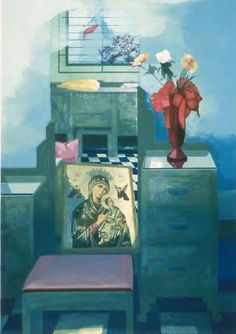 a painting of a person sitting on a chair next to a vase with flowers in it