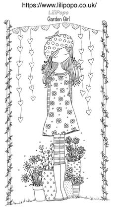 a girl with flowers and plants in her hand is standing under an arch that has hearts on it