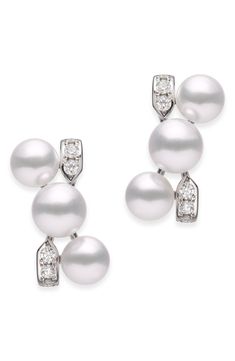 Glistening Akoya cultured pearls pair perfectly with glittering diamonds in these elegant earrings. Style Name:Mikimoto Cluster Cultured Pearl Earrings. Style Number: 6249899. Mikimoto Earrings, Pearl Earrings Designs, Pearls Earrings, Diamond Collection, Diamond Guide, Diamond Glitter, Pearl Diamond, Dream Board, Lovely Jewellery