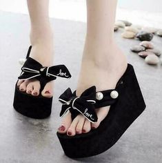 Pearl Mules, Heel Flip Flops, High Heel Wedges Platform, High Heel Flip Flops, Heel Wedges, Flip Flops Women, Bow High Heels, Heels Slippers, Heeled Flip Flops