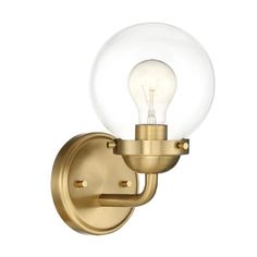 an image of a wall light with a glass globe on the top and gold finish