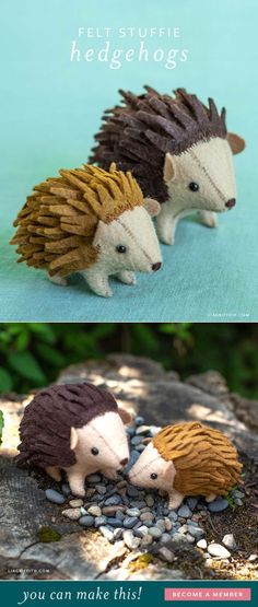 two hedgehogs made out of felt sitting next to each other on the ground